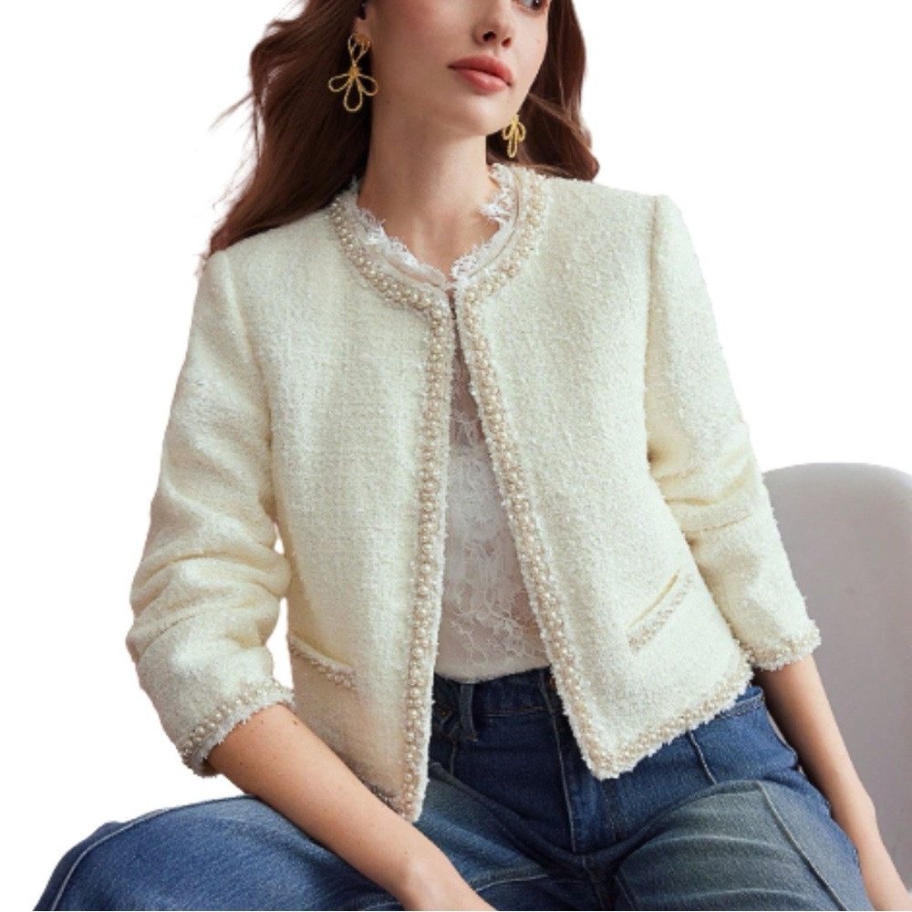 MOTF Premium Tweed Contrast Faux Pearl Boxy Jacket - Medium